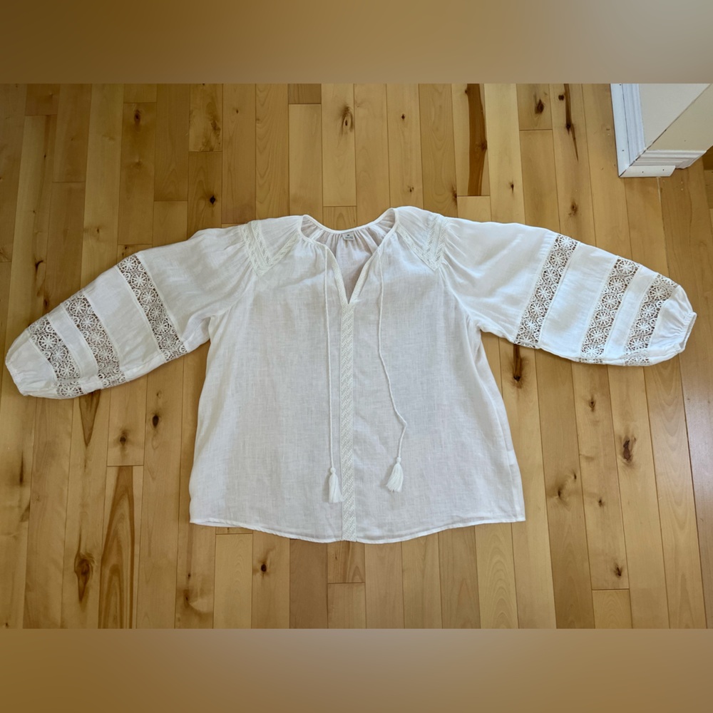 White Linen Bohemian Blouse with Lace Details